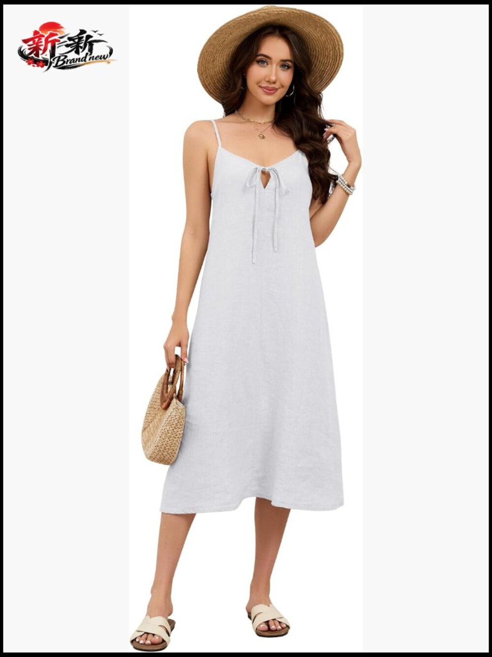 100% Linen Sleeveless Midi Dress V-Neck Tie Front Spaghetti Strap
